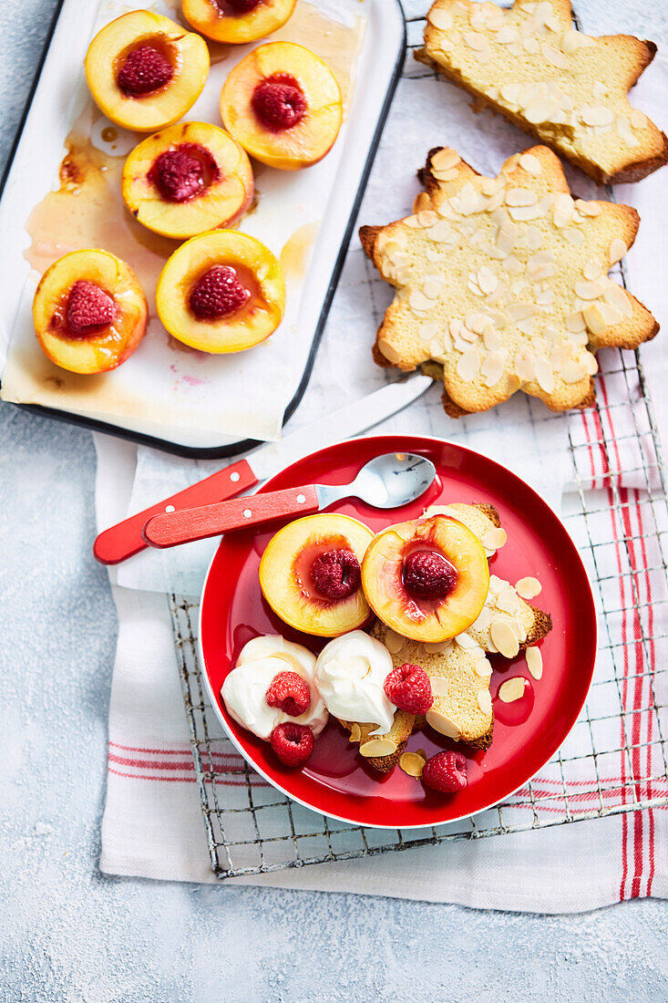 Almond pandoro with honey-grilled nectarines