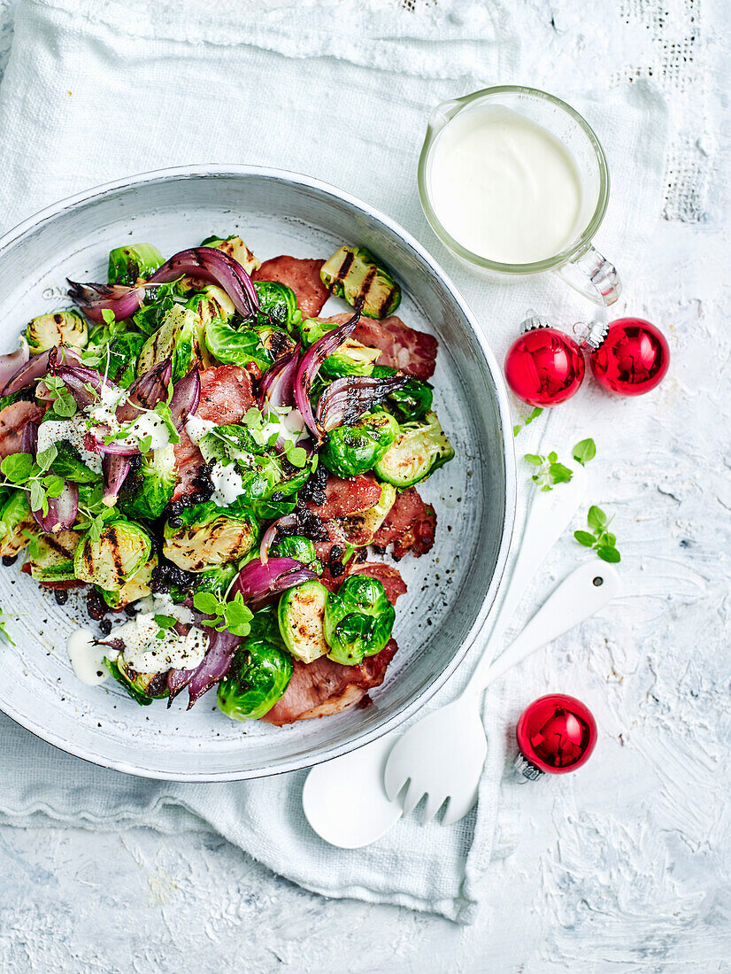 Brussels sprouts salad with creamy garlic dressing