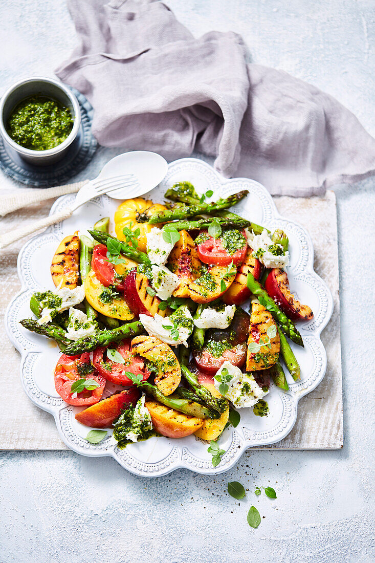 Nectarine and asparagus salad with pistachio-mint pesto