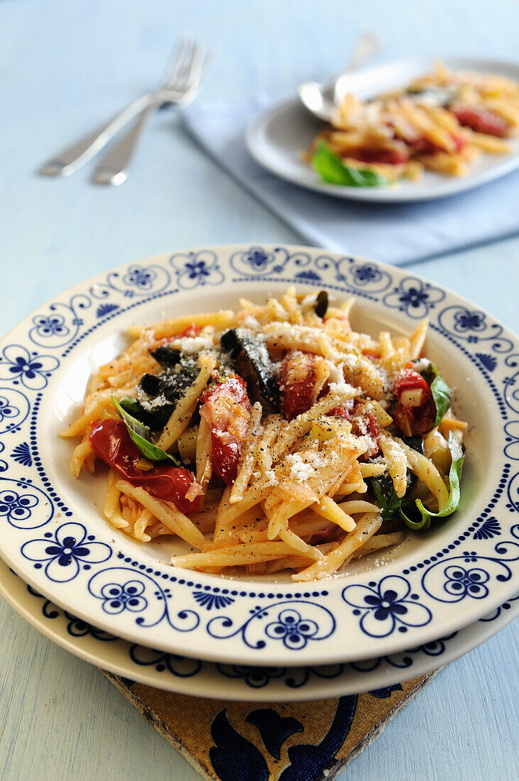 Sicilian casarecce pasta with tomatoes, eggplant and basil