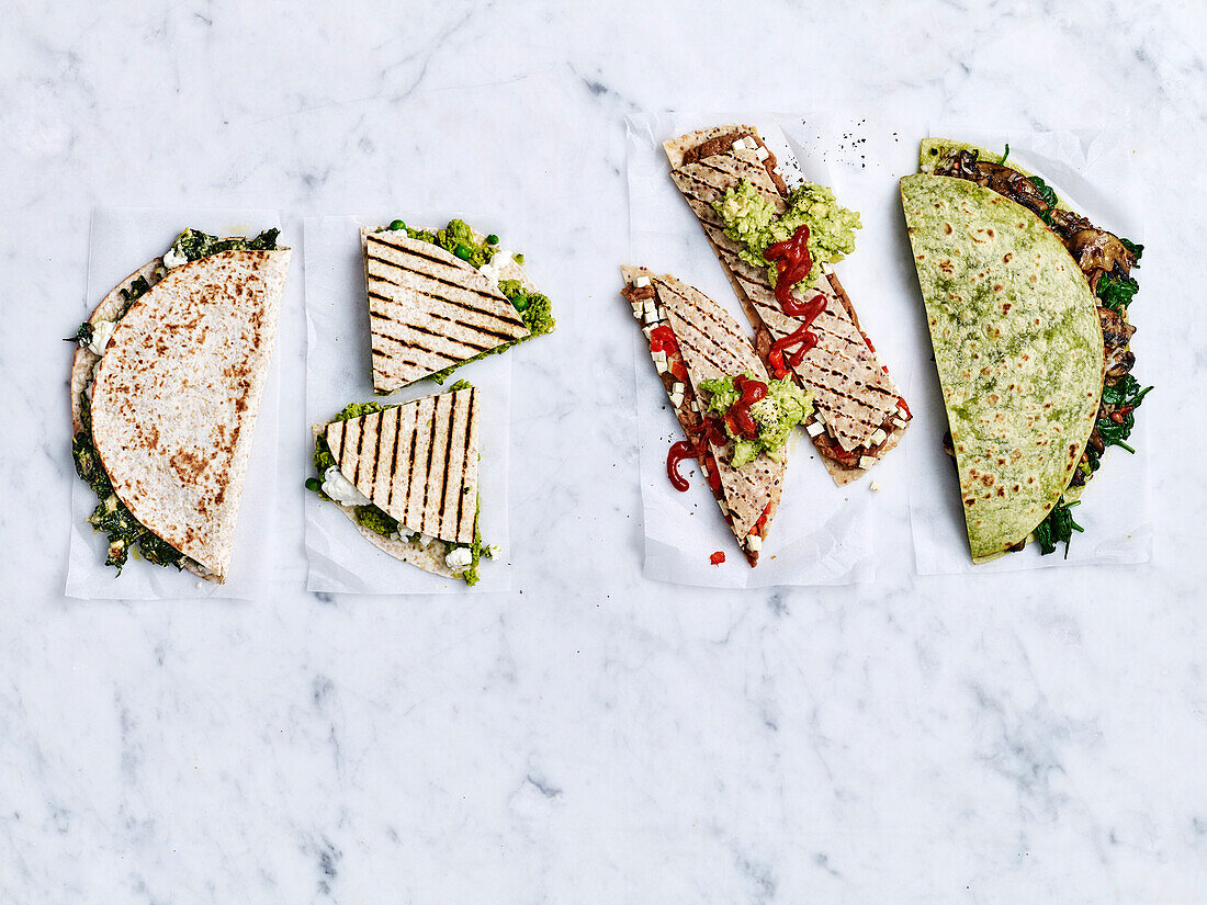 4 times Quesadillas - Spanakopita, Minted pea and goat's cheese, spicy beans, mushrooms and haloumi