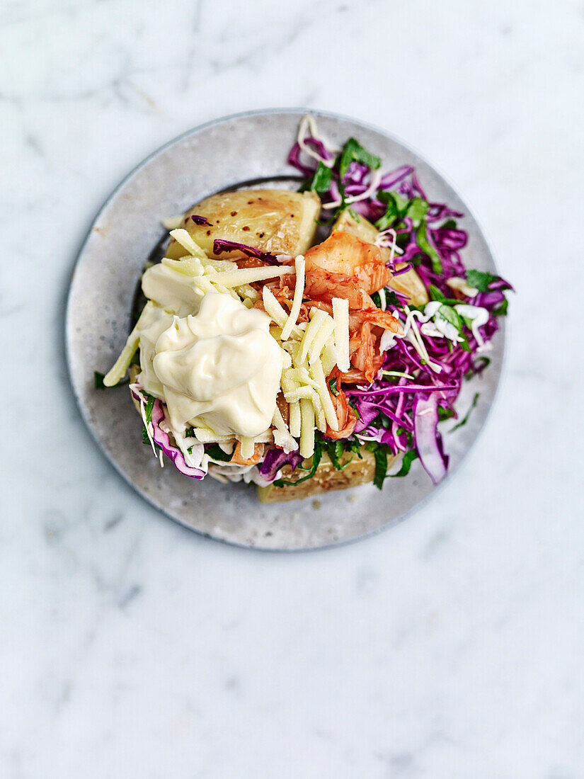 Ofenkartoffeln mit Kimchi und Sesam-Mayonnaise