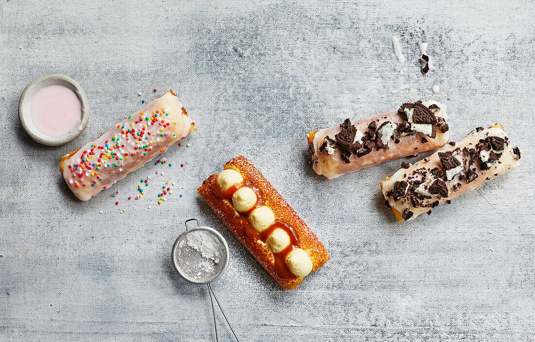 3x doughnut fingers - with sprinkles, cookies and cream, caramel and custard cream
