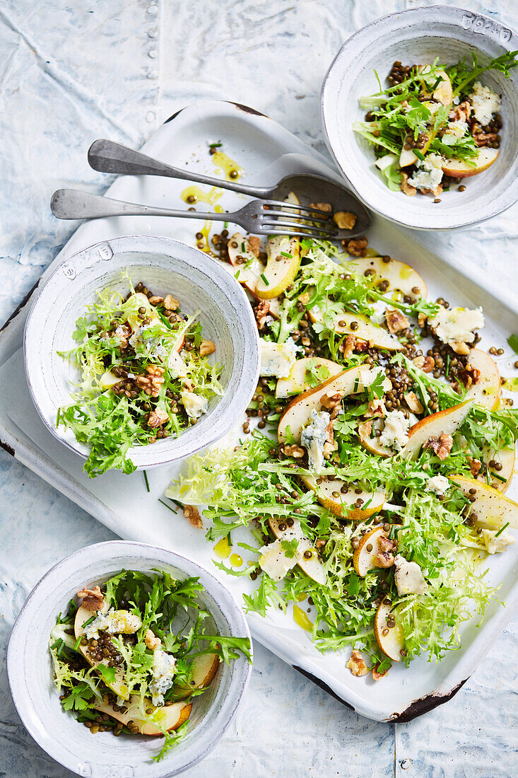 Lentil, blue cheese and pear salad