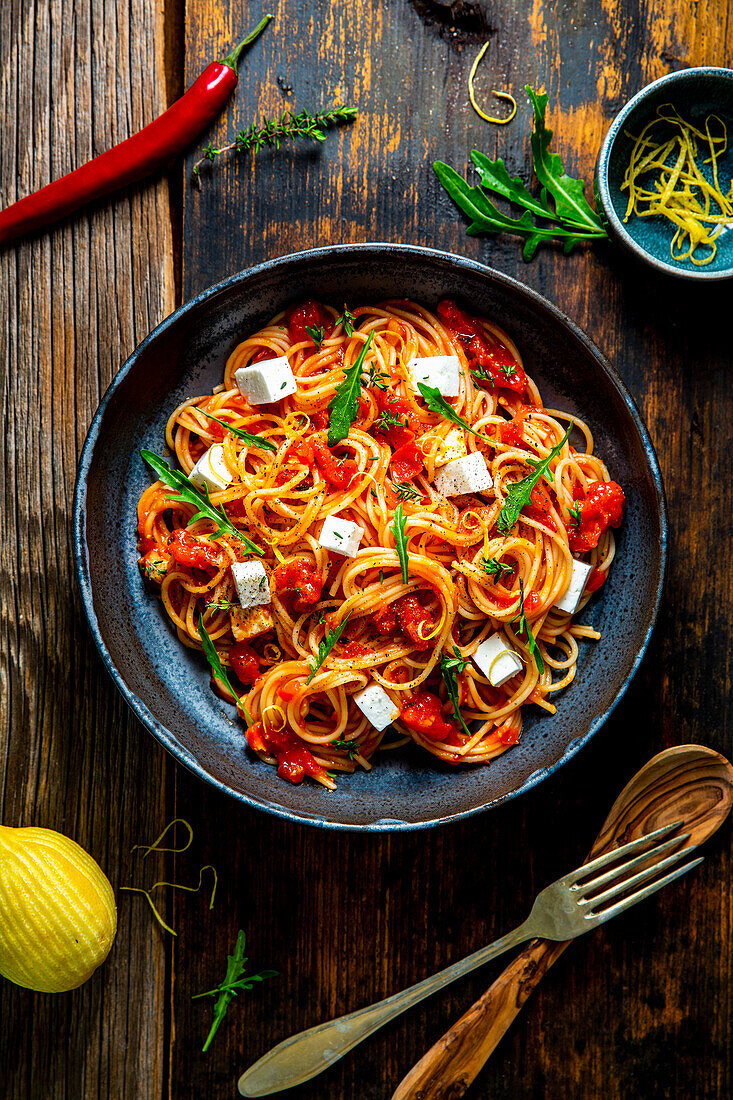 Spaghetti with tomatoes and Manouri cheese