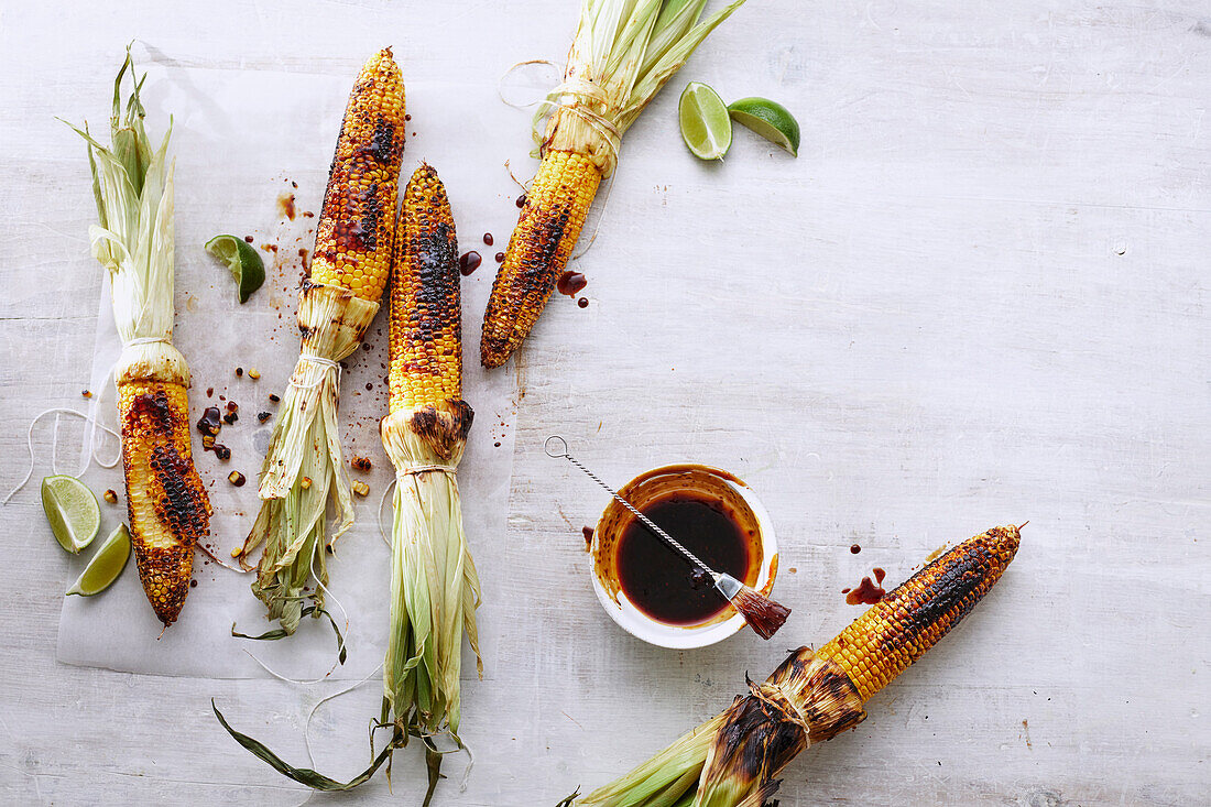 Barbecued corn with filipino adobo glaze