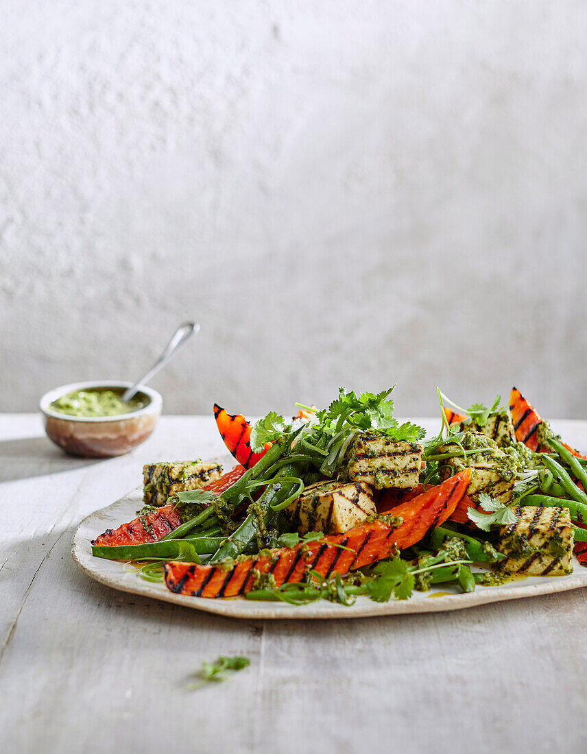 Chargrilled runner beans, papaya and tofu