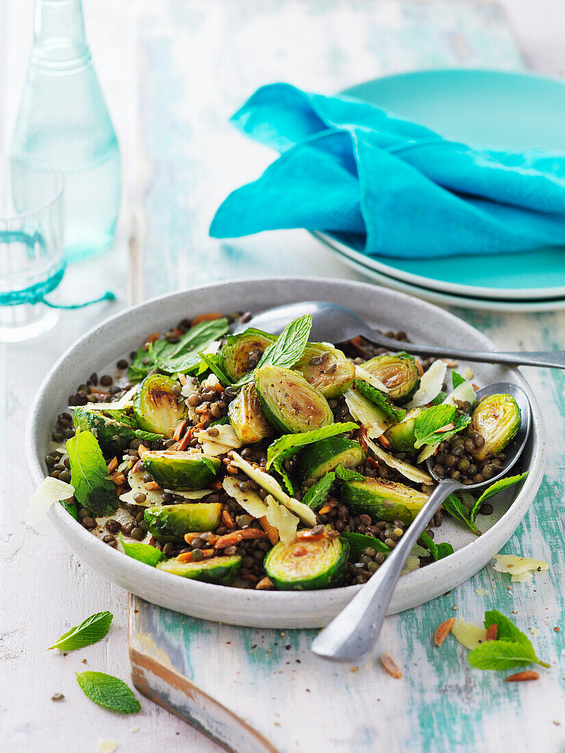 Roasted brussels sprouts and lentil salad