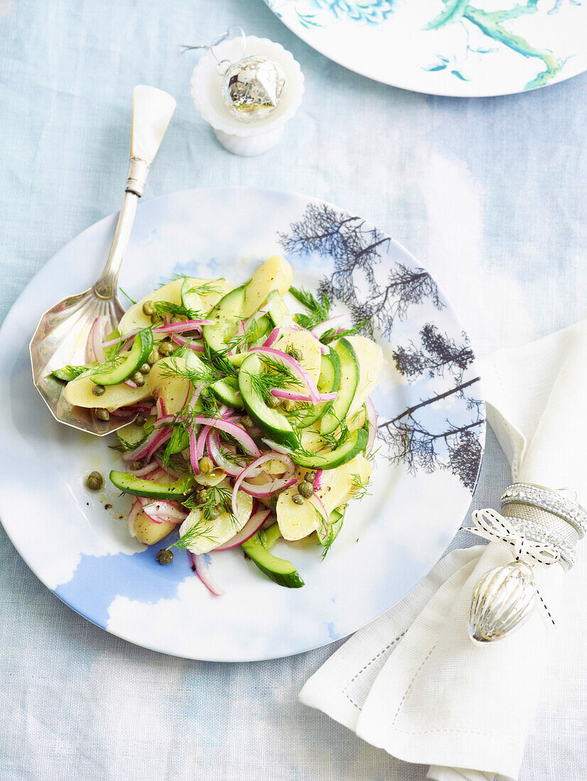 Warm kipfler and cucumber salad with dill