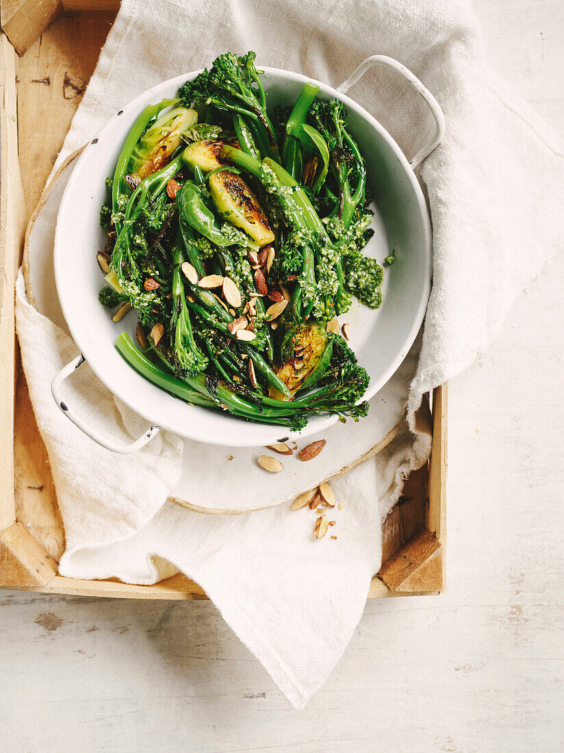 Charred Brussels sprouts with broccolini and parsley pesto