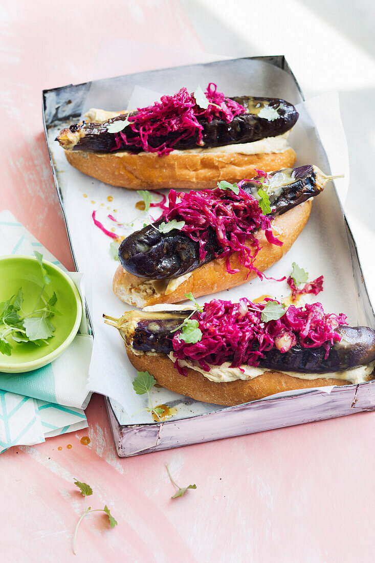 Eggplant hotdog with sauerkraut