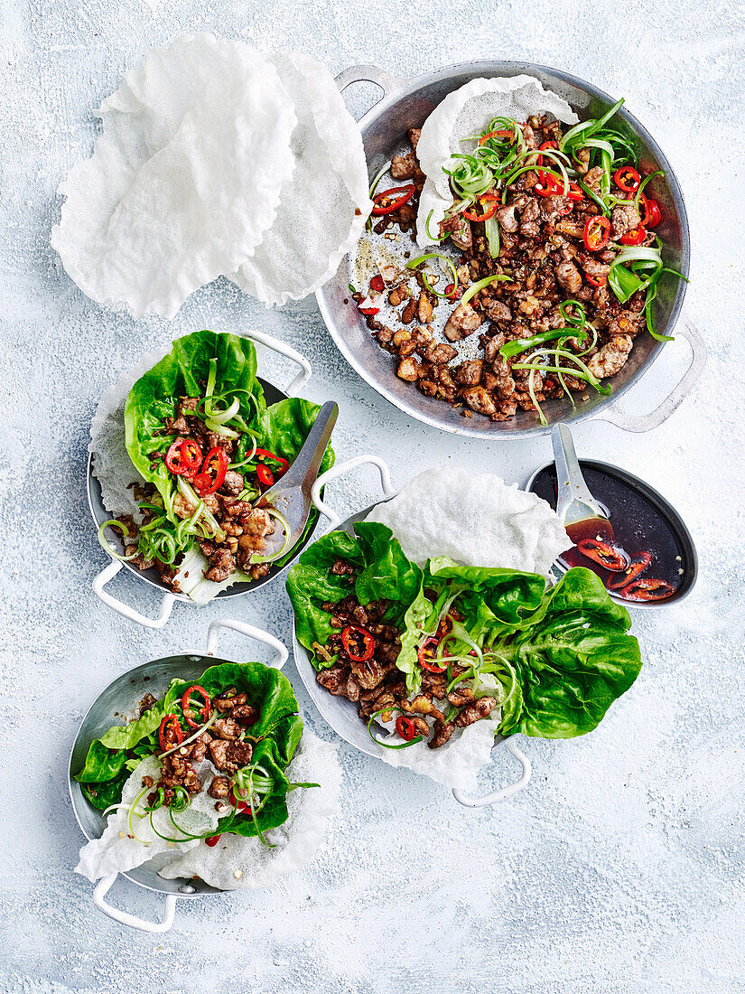 Tofu larb with crisp rice papers