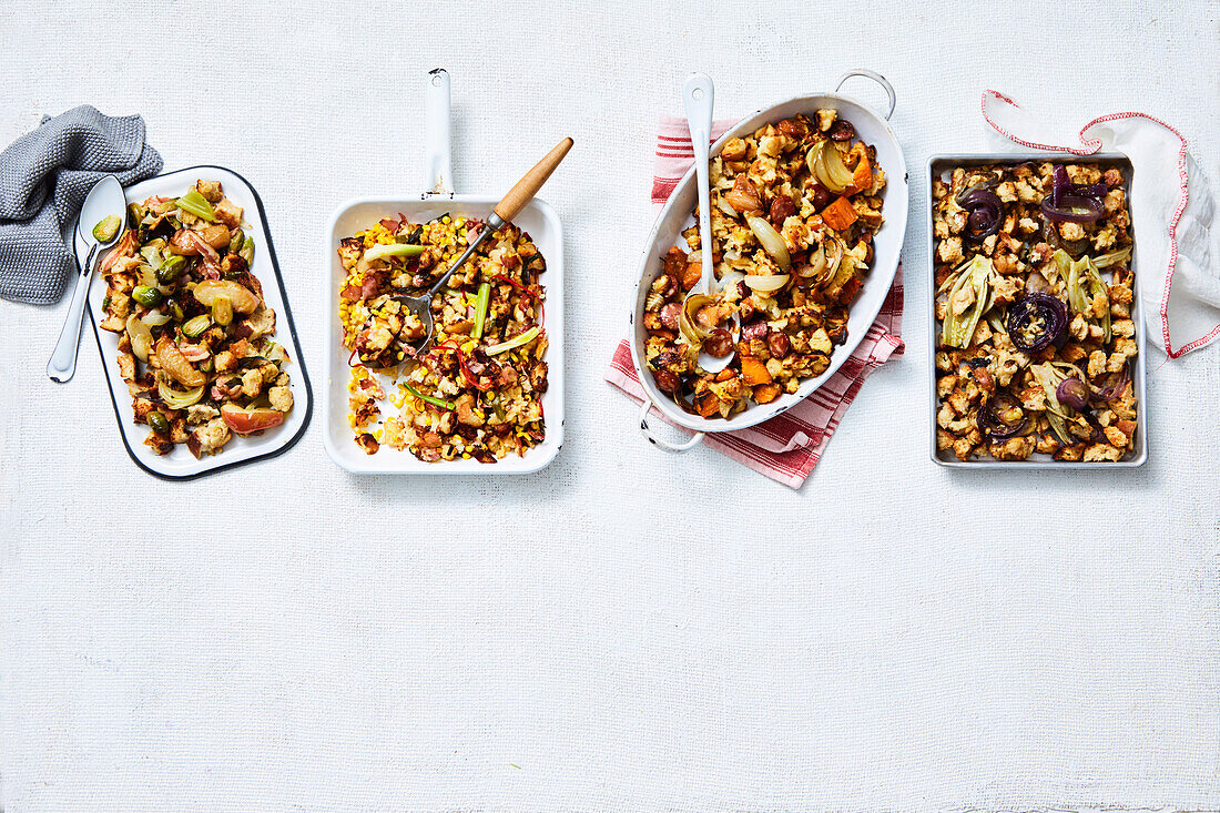 4x pan stuffings - sprout and bacon, corn pancetta, fennel and cheese, chorizo and onion