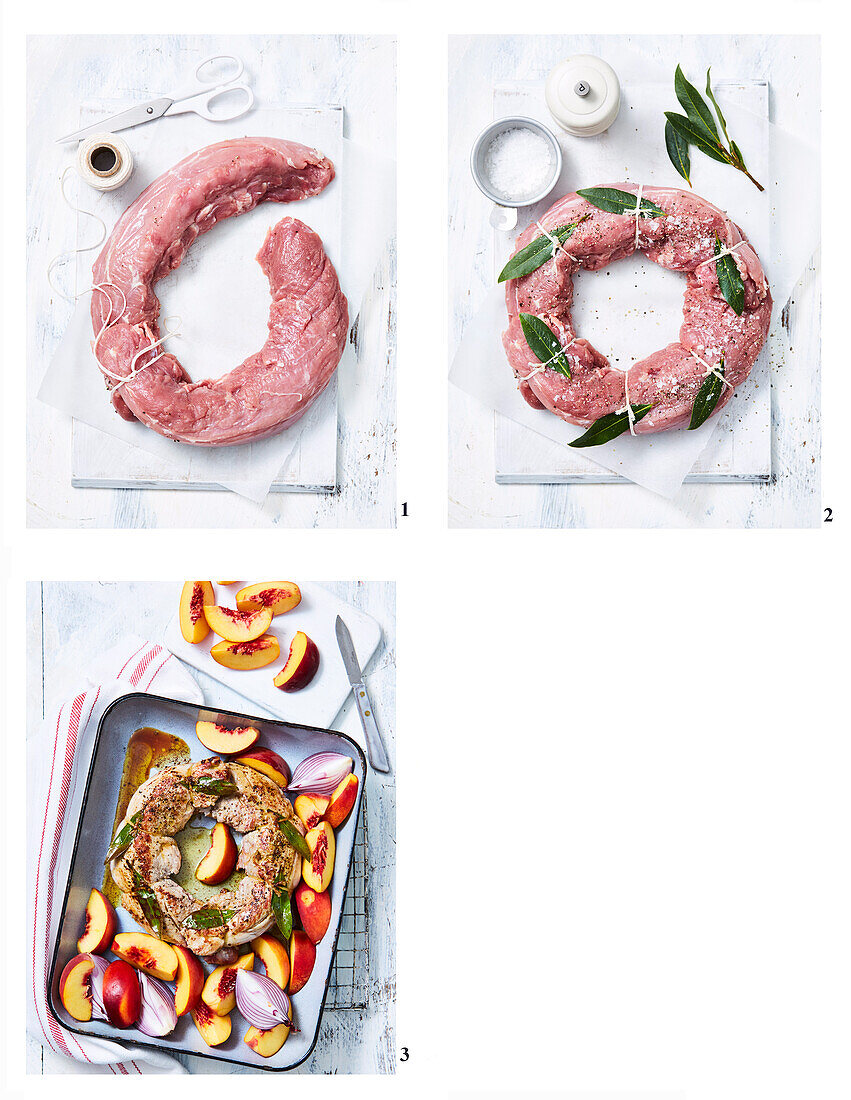 Preparing roast pork wreath with stone fruit