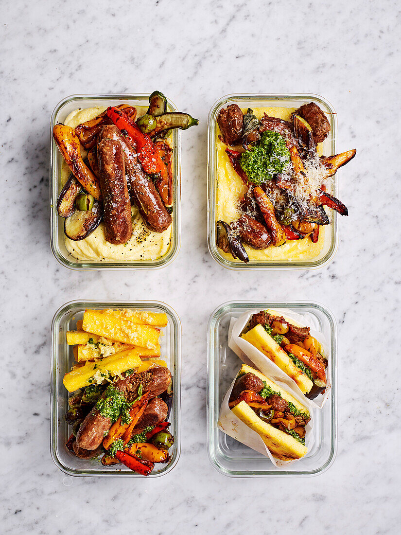 4x vegetarische Polenta mit Ratatouille, 'soft' Polenta, Polentachips, Sandwiches mit Wurstersatz