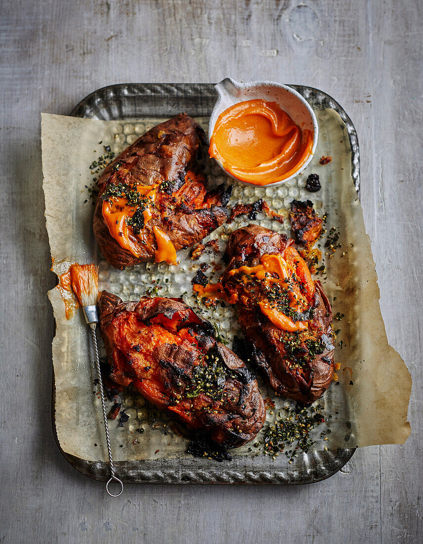 Slow-roasted smashed sweet potatoes with kale furikake