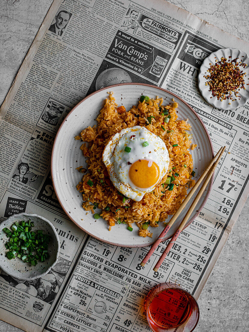 Chinese fried vegetable rice with fried egg