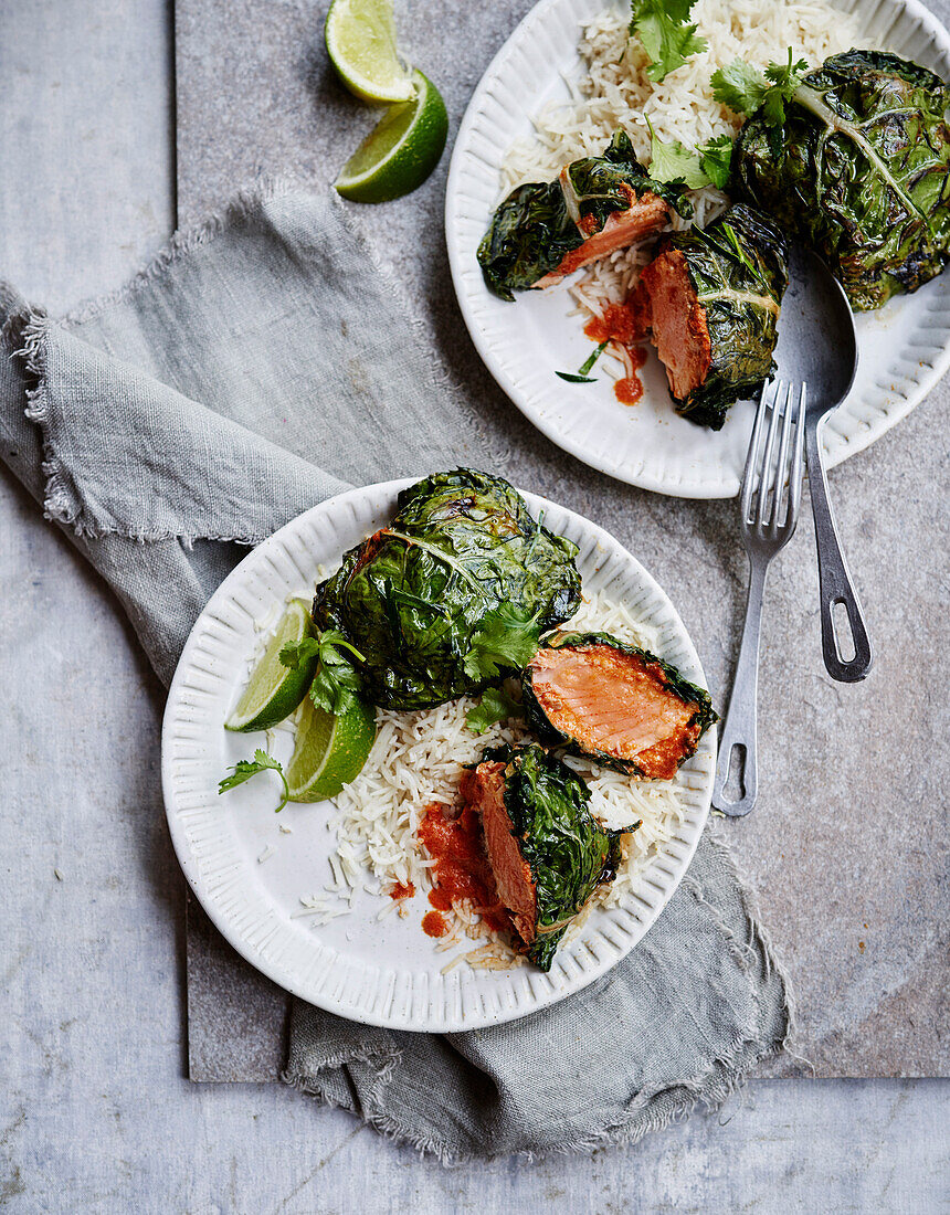 Silverbeet-wrapped red curry salmon