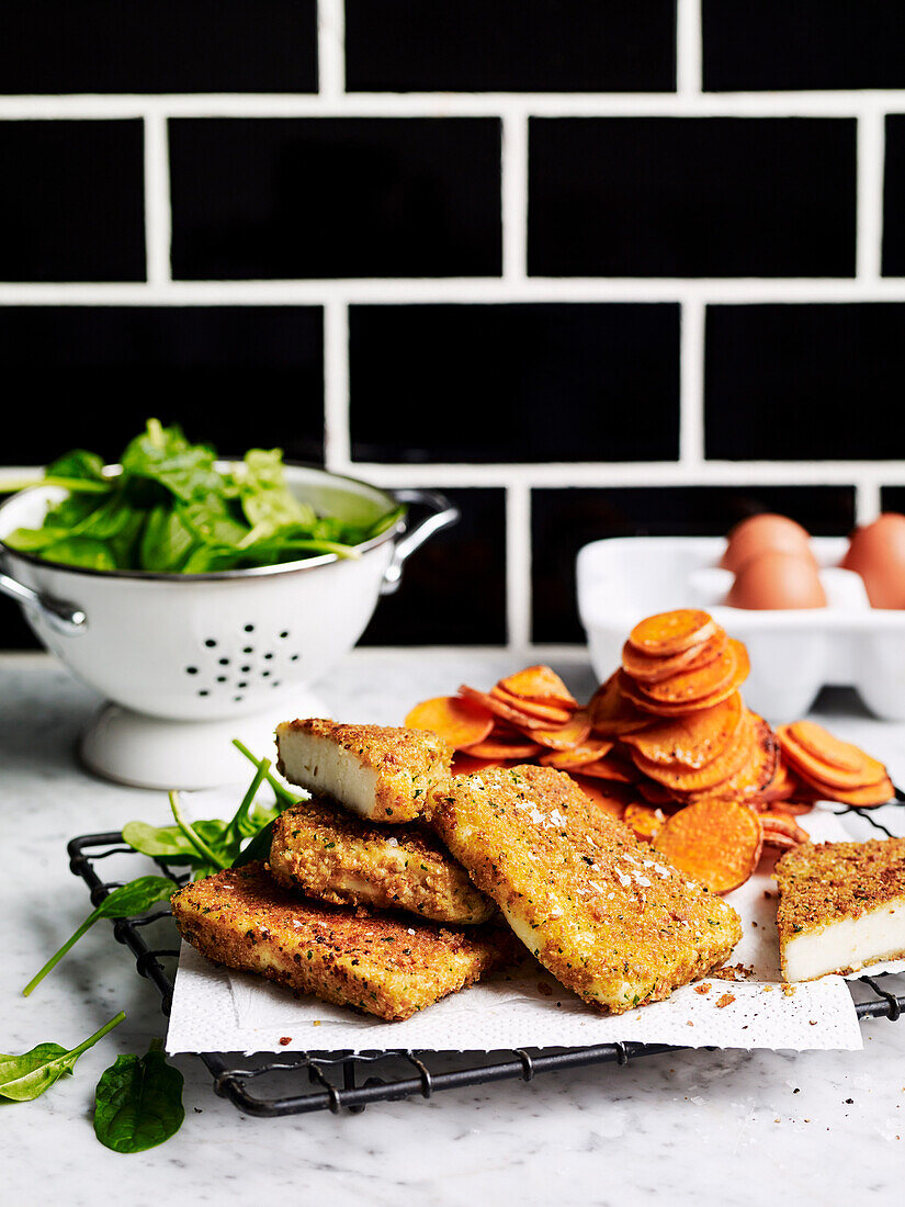Haloumi schnitzels and sweet potato chips