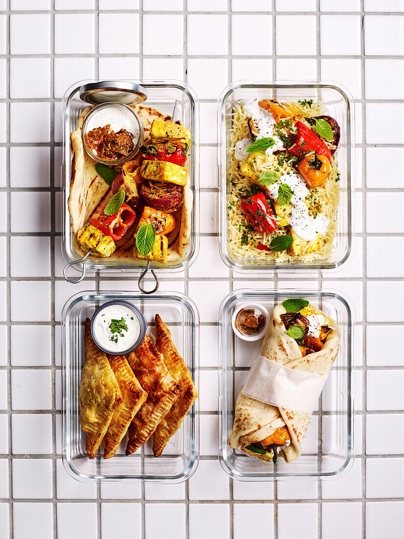 4x vegetarian tikka - kebabs with minted yoghurt, kebab biriyani, samosa, wrap