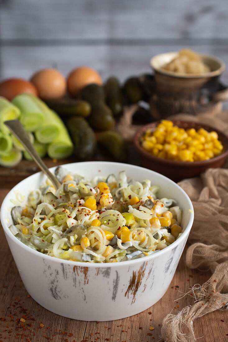 Simple leek salad with corn and yogurt dressing