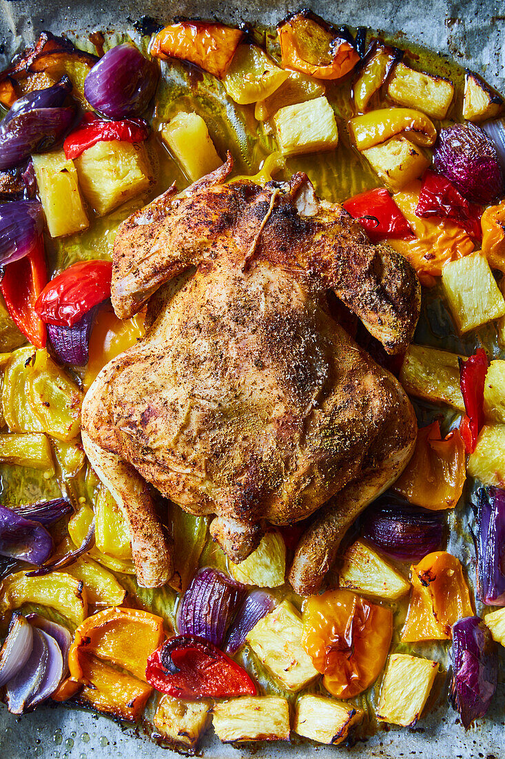 Oven-roasted chicken à pattes bleues with vegetables