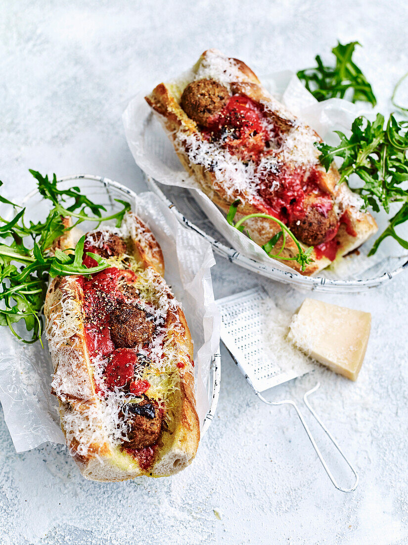 Eggplant parmigiana meatball subs