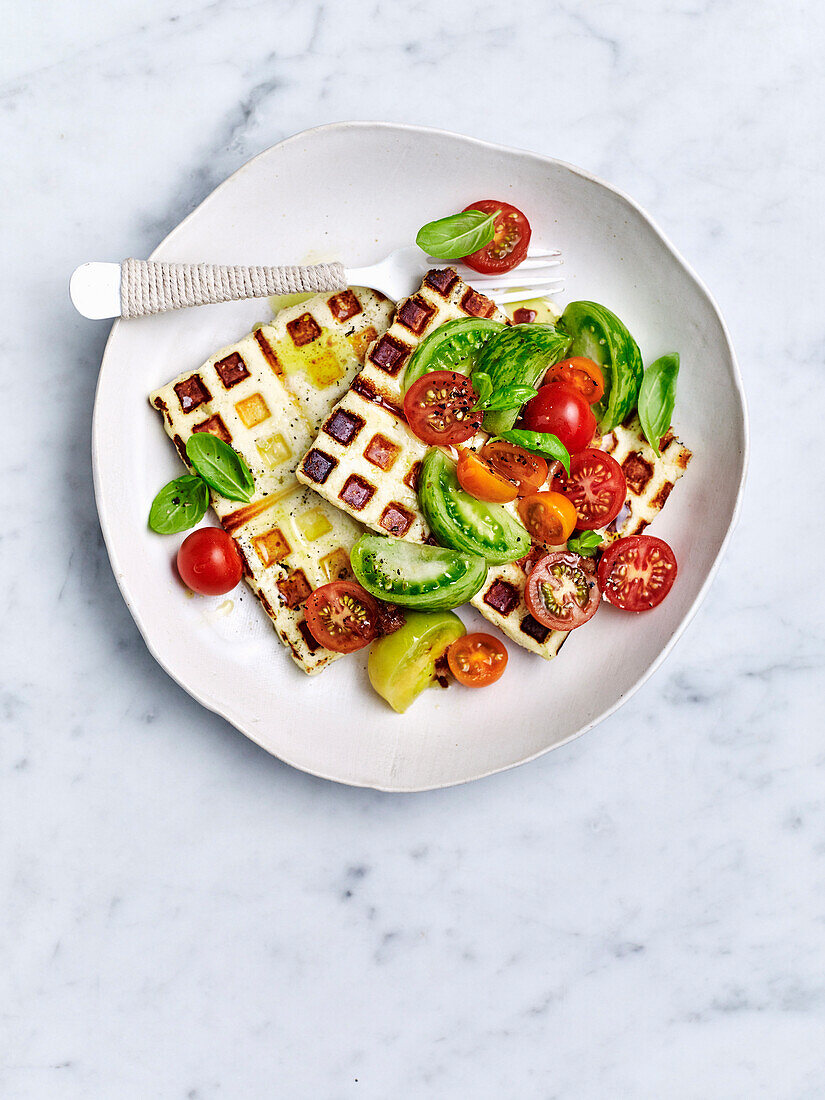Paneer waffles with ripe tomatoes