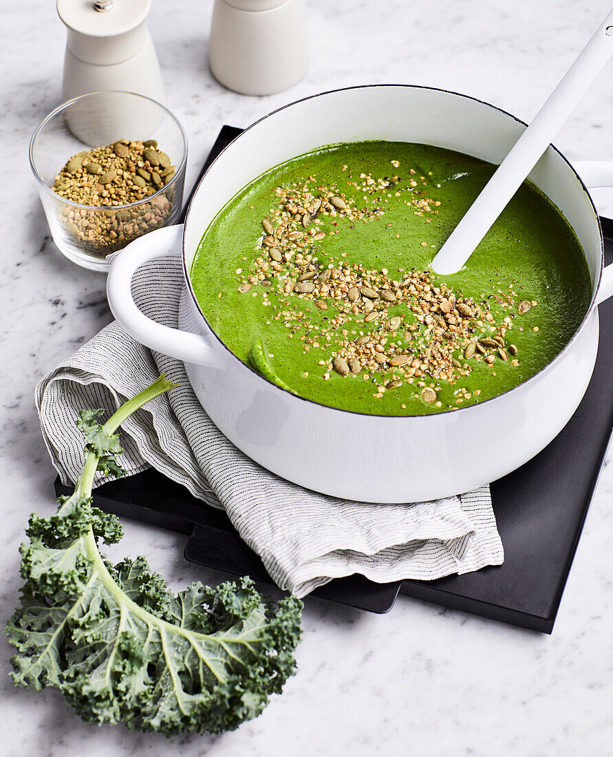 Super greens soup with crunchy seed topper
