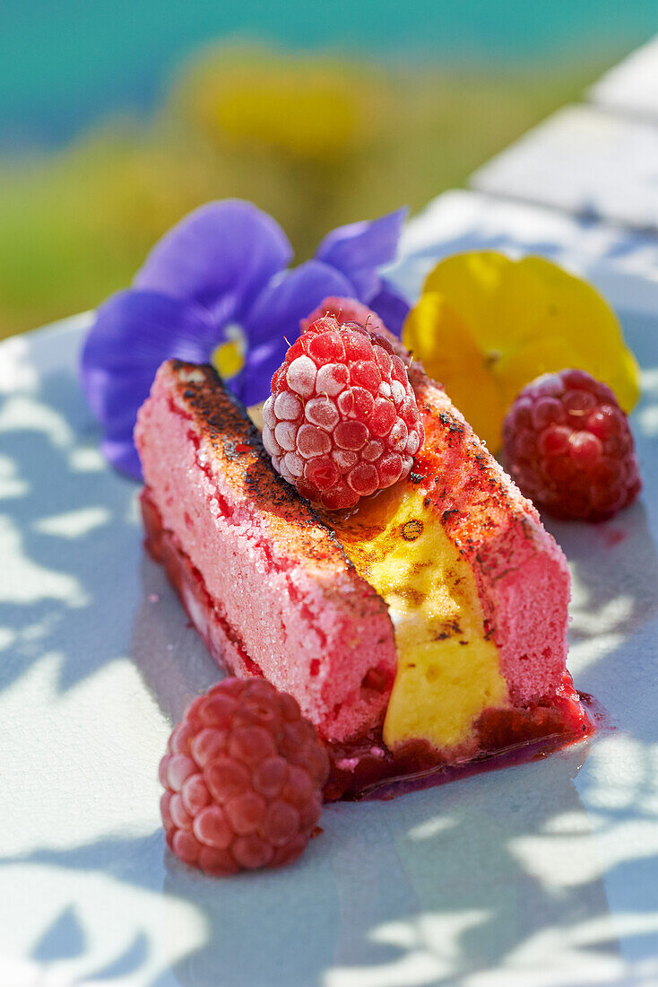Raspberry sponge cake with sabayon