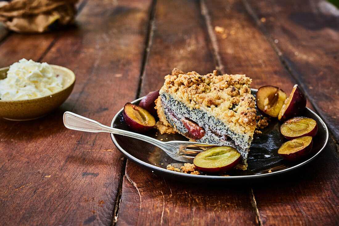 Plum and poppy seed cake with marzipan