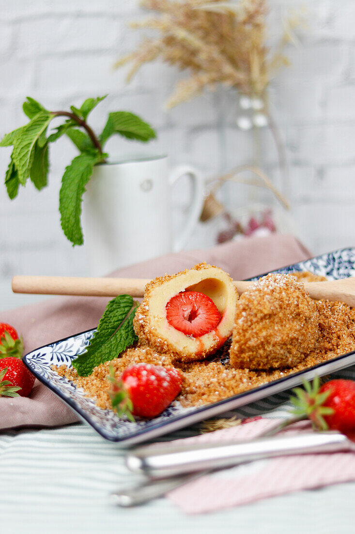 Erdbeerknödel mit Semmelbröseln