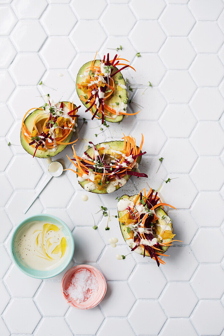 Rainbow avocado halves