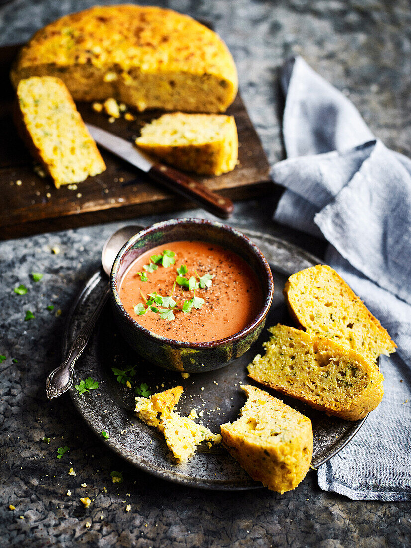 Tomato soup with corn bread