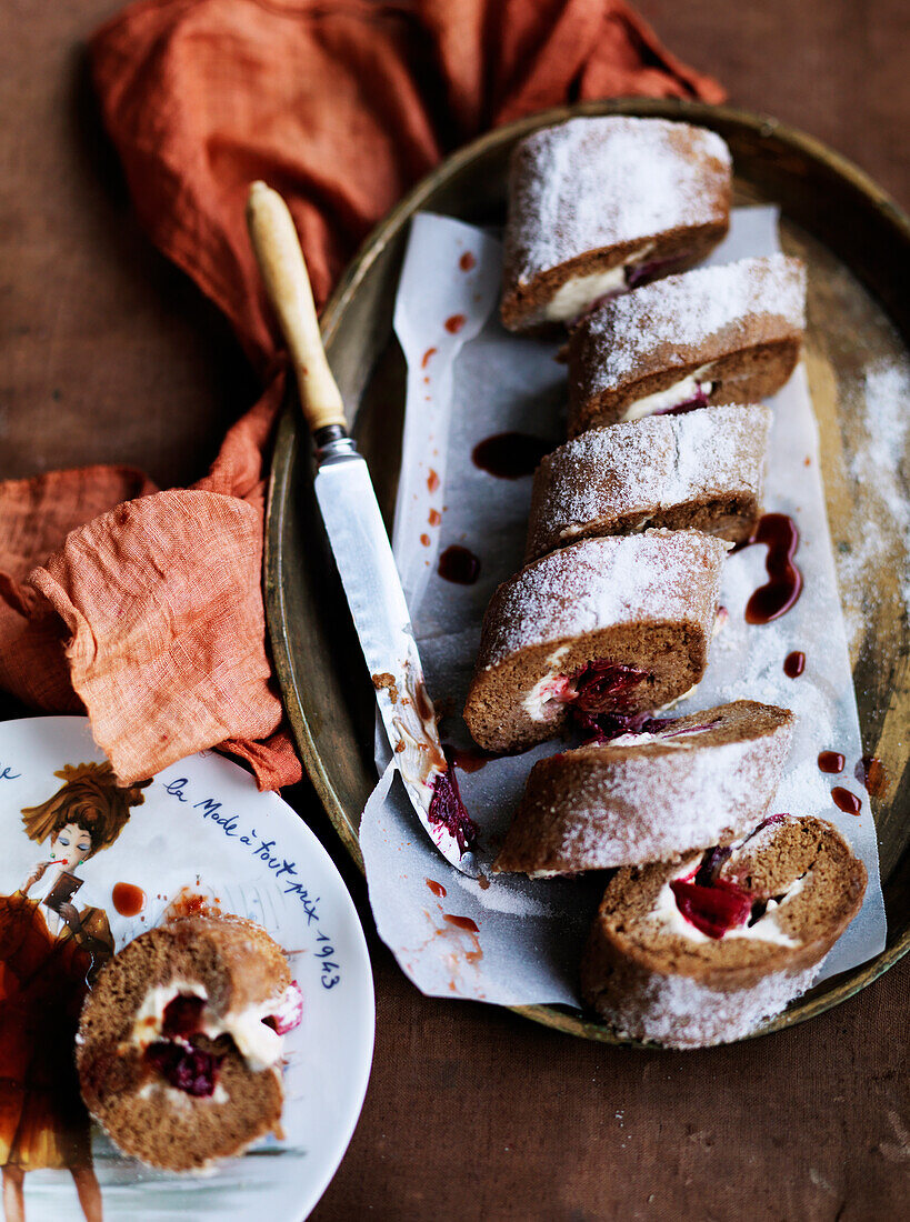 Spiced sponge and rhubarb roulade