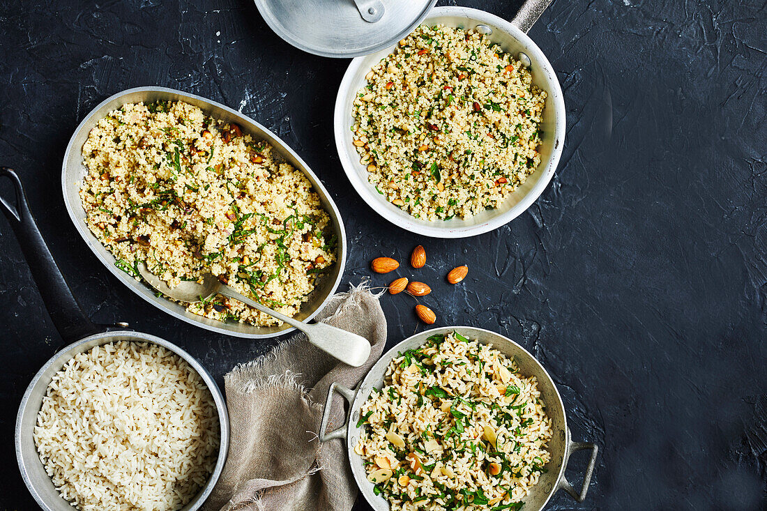 4x grains - lemon pistachio couscous, pine nut and parsley quinoa, basmati pilaf, coconut rice