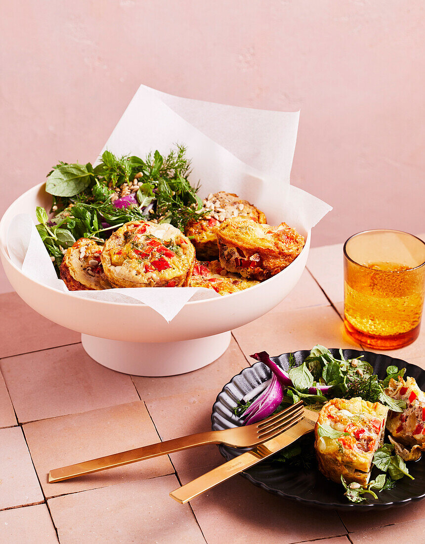 Red capsicum frittatas with mixed herb salad