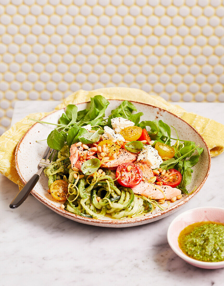 Smoked trout zucchini pesto pasta salad