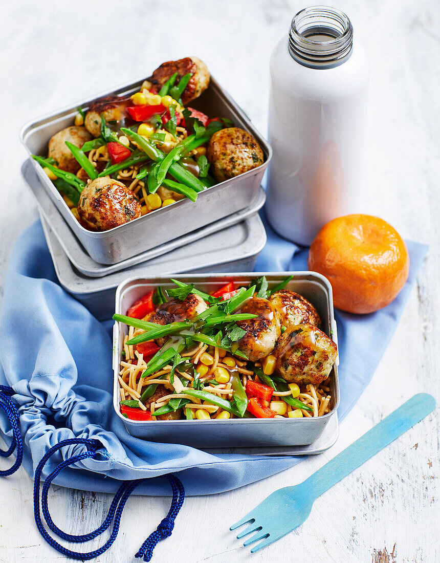 Chicken meatball and crispy noodle salad