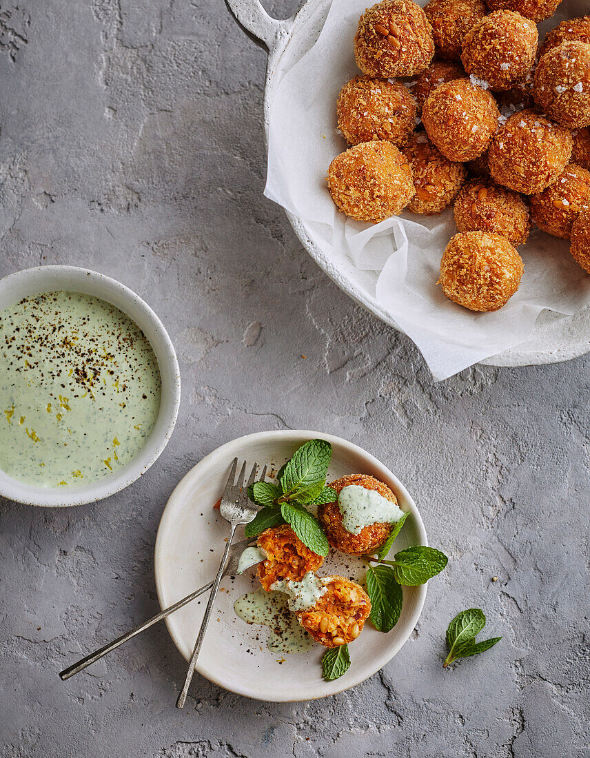 Carrot and harissa kofta with minted coconut yoghurt