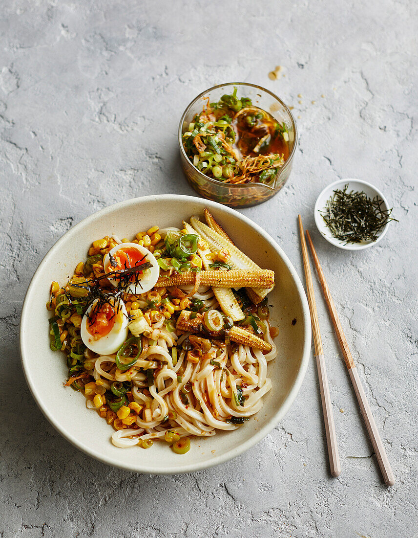 Udon noodles with sizzled ginger dressing