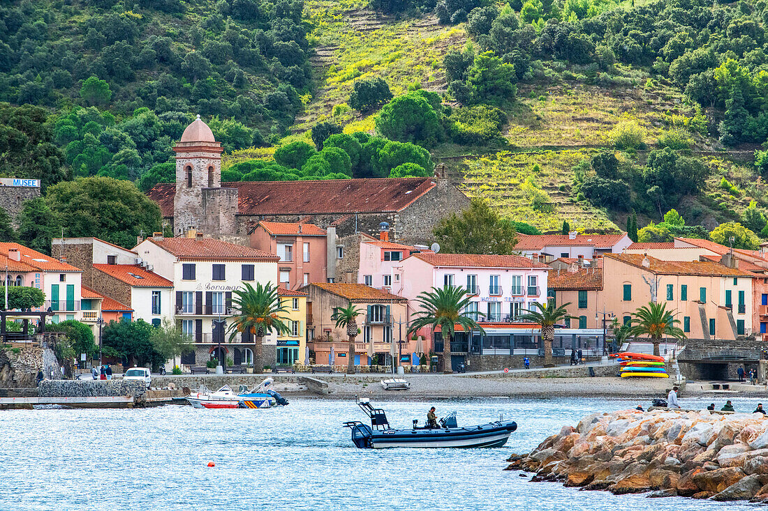 Landschaft am Strand des malerischen Dorfes Collioure in der Nähe von Perpignan im Süden Frankreichs Languedoc-Roussillon Cote Vermeille Midi Pyrenees Occitanie Europa