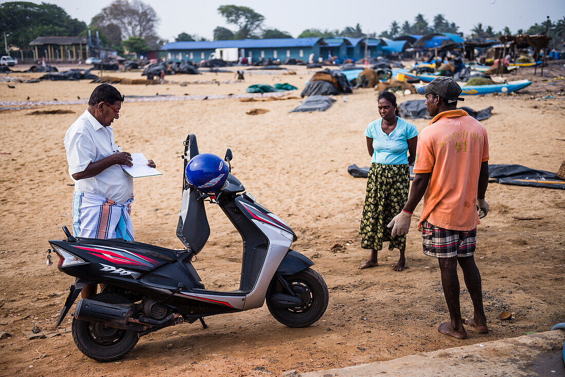 Fischmarkt von Negombo (Lellama-Fischmarkt), Geschäftsmann beim Bezahlen der Arbeiter in Negombo, Westküste von Sri Lanka, Asien