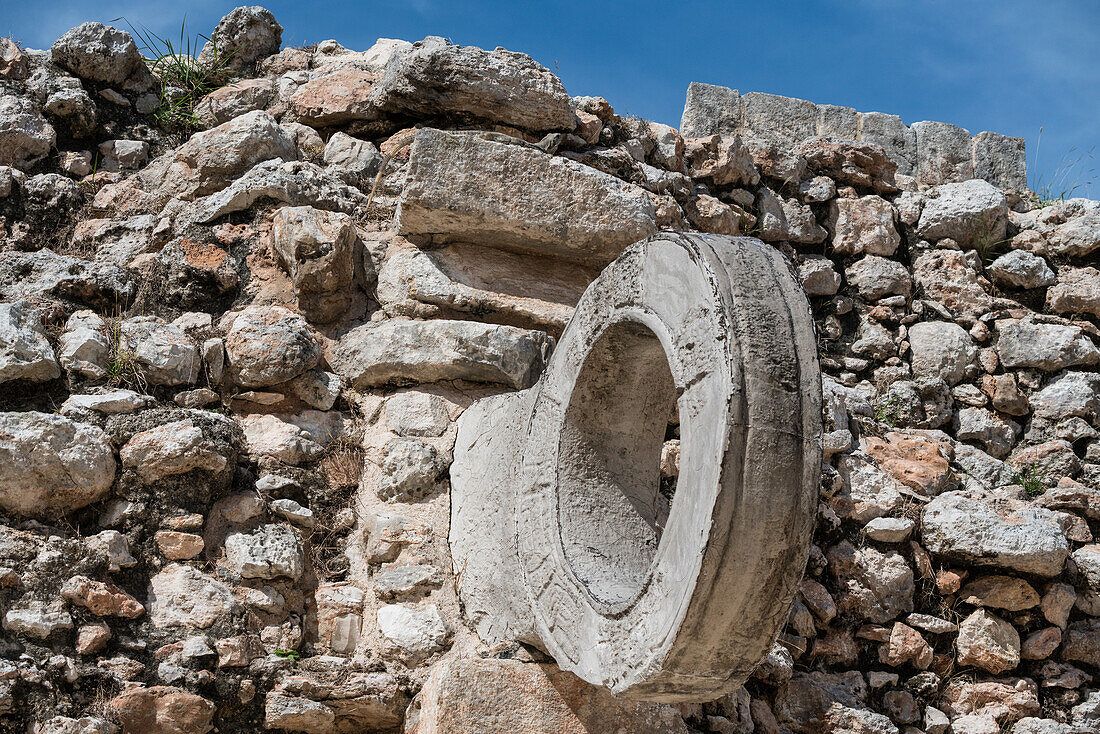 The stone ring on the ritual ball court in the ruins of the Mayan city of Uxmal in Yucatan, Mexico. Pre-Hispanic Town of Uxmal - a UNESCO World Heritage Center.