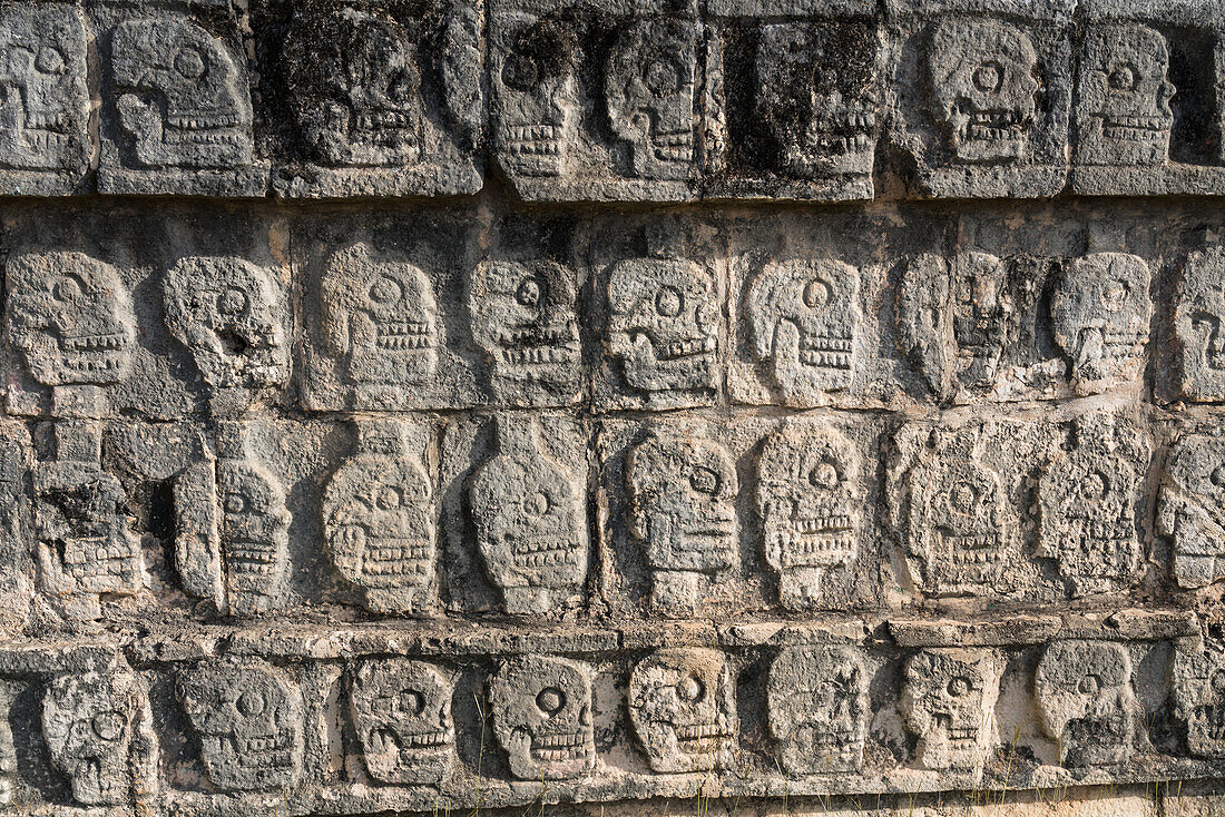 The Platform of the Skulls or the Tzompantli was used to display the skulls of fallen enemies and sacrificial victims in the ruins of the great Mayan city of Chichen Itza, Yucatan, Mexico. The Pre-Hispanic City of Chichen-Itza is a UNESCO World Heritage Site.