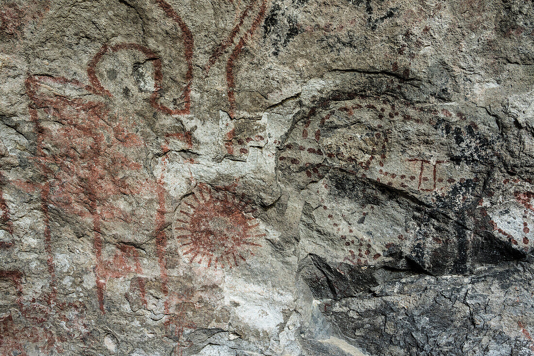 5.000 Jahre alte Piktogramm-Felszeichnungen in den Mitla-Höhlen in der UNESCO-Welterbestätte der prähistorischen Höhlen von Yagul und Mitla im Zentraltal von Oaxaca.