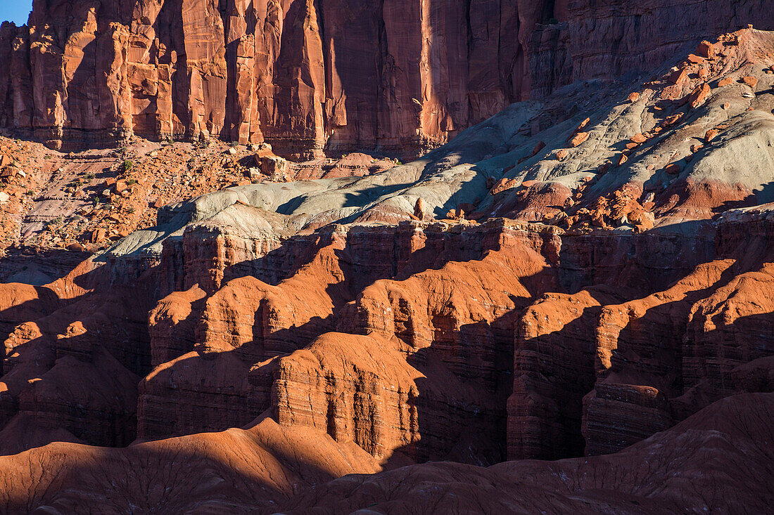 The colorful eroded formations of the Mummy Cliff by Panorama Point in Capitol Reef National Park in Utah.