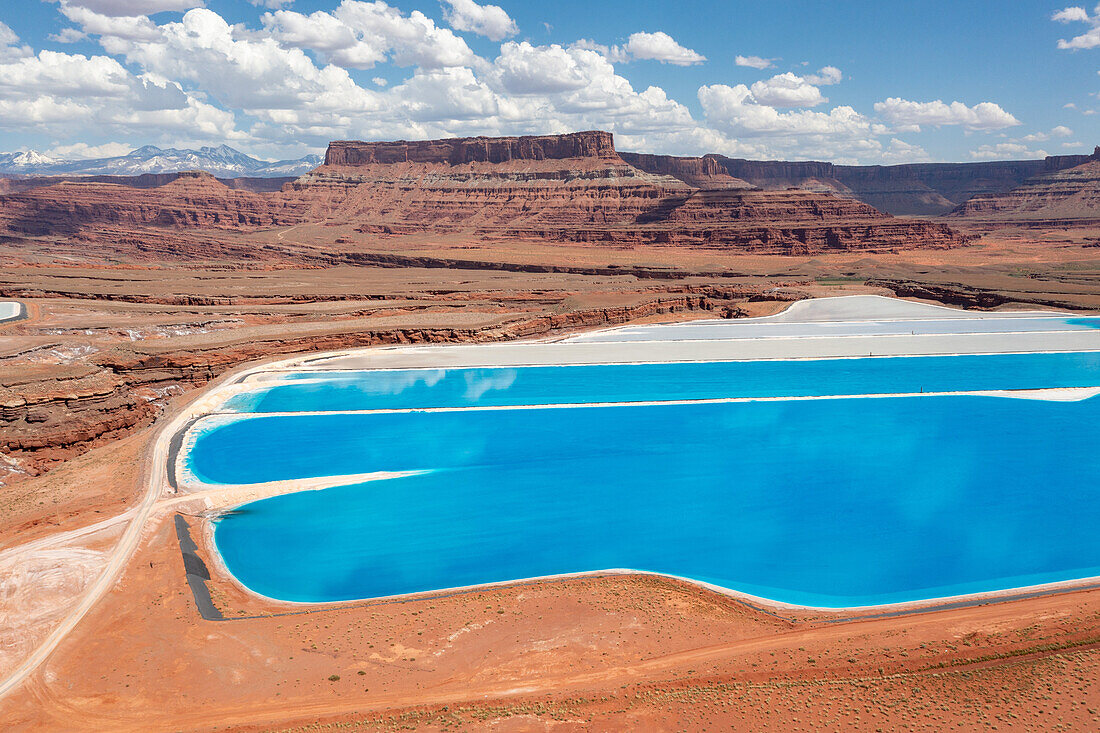 Evaporation ponds at a potash mine using a solution mining method for extracting potash near Moab, Utah. Blue dye is added to speed up evaporation.