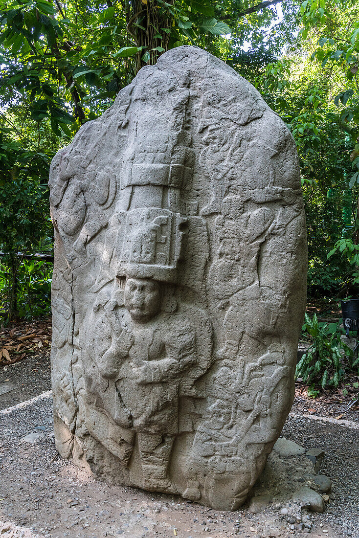 Stele des Königs, Stele 2, aus den Olmekenruinen von La Venta. Vorklassische Periode (700-400 v. Chr.). La Venta Museum, Villahermosa, Mexiko.