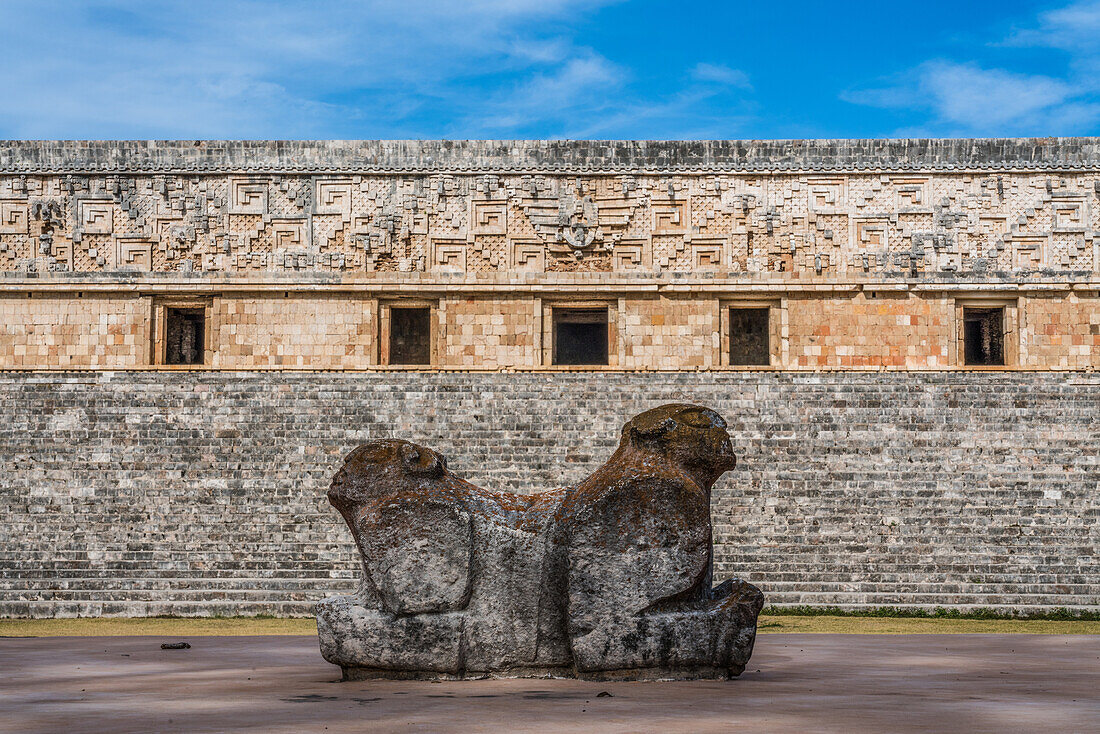 The Throne of the Jaguar in front of the Palace of the Governor in the ruins of the Mayan city of Uxmal in Yucatan, Mexico. Pre-Hispanic Town of Uxmal - a UNESCO World Heritage Center.